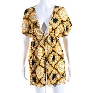 Triya Womens Abstract Print Batwing V-Neck Mini Vivi Dress Yellow Black Size PS